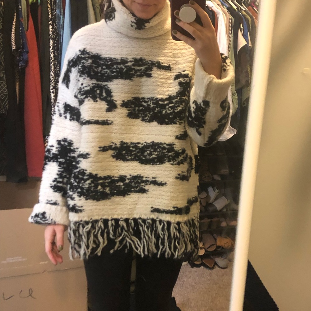 Mango Cream and Black Cowl Neck Sweater with fringe